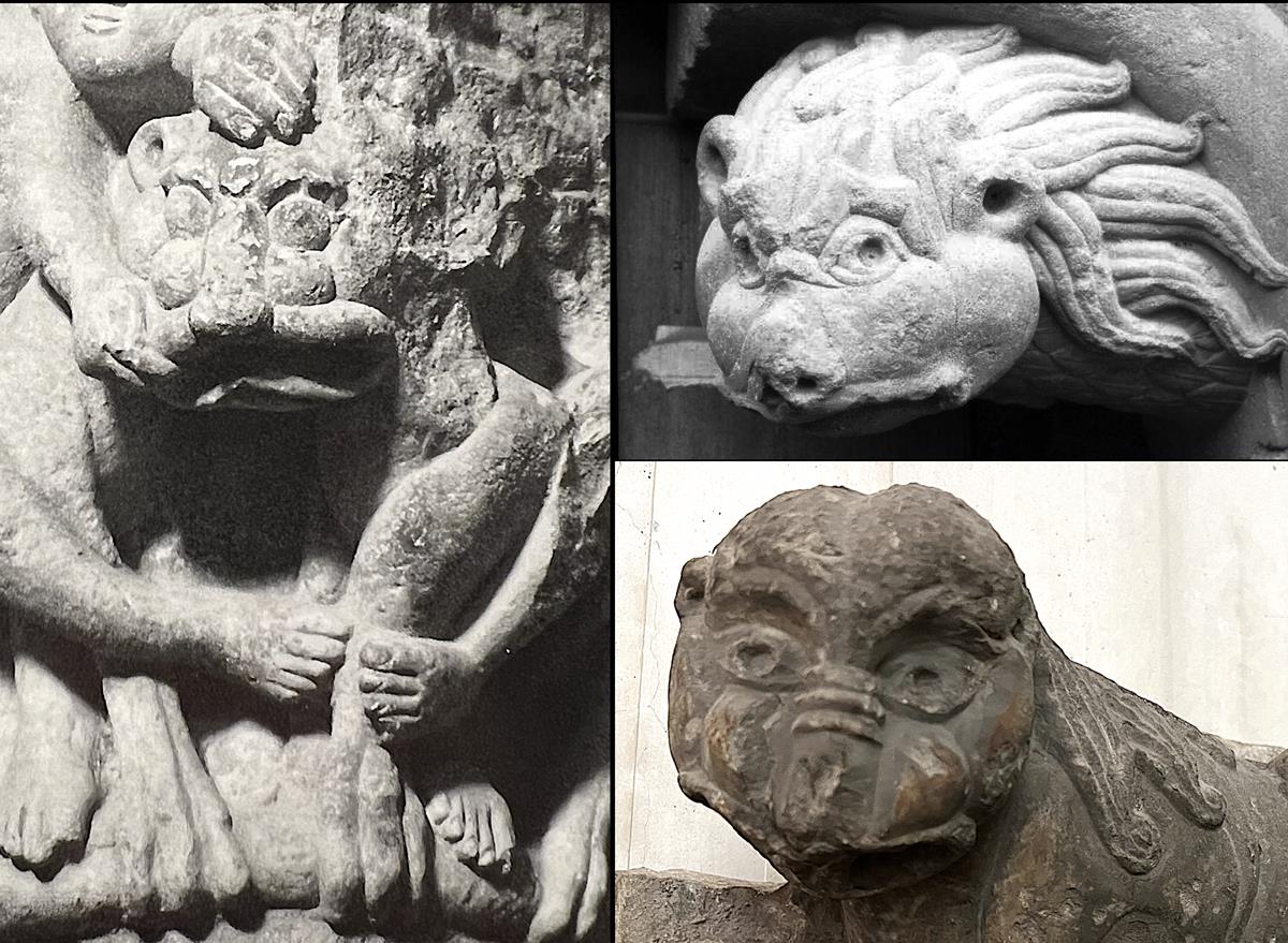 Izq: capitel de la ventana de la Portada norte; Dcha. arriba: león de la mocheta de la Portada del Perdón; abajo: león del Louvre