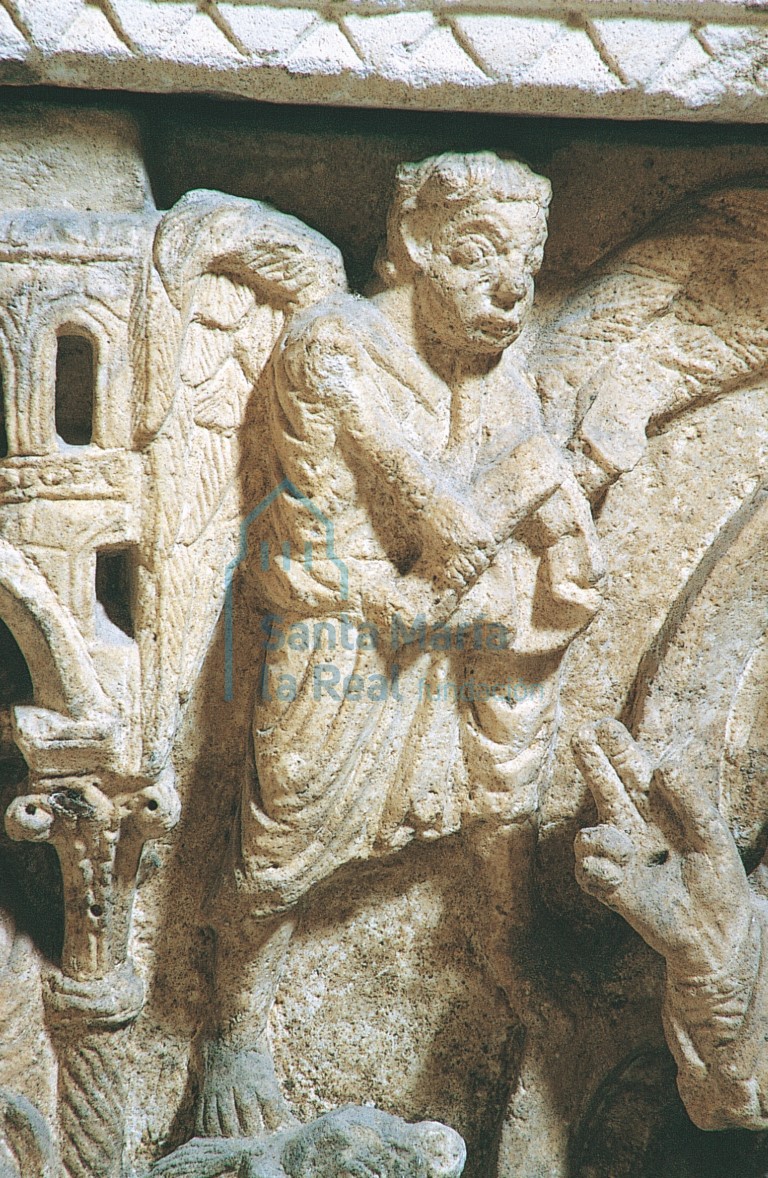 Sepulcro de San Juan de Ortega. Detalle del ángel-Mateo del Tetramorfos