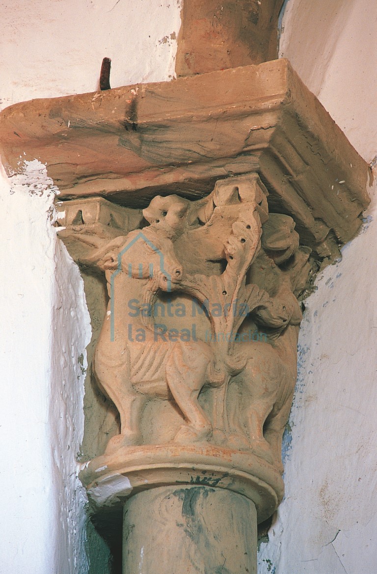 Capitel interior de la ventana norte del ábside con cápridos.