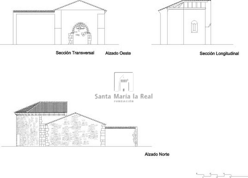 Alzado norte, secciones transversal y longitudinal