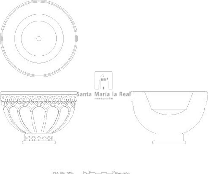 Planta, alzado y sección de la pila bautismal