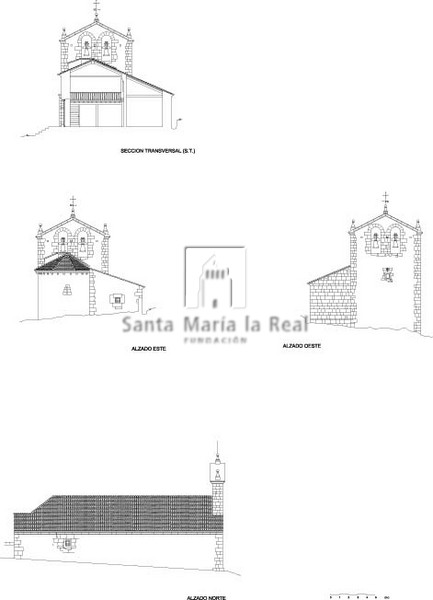 Sección transversal, Alzados este, oeste y norte