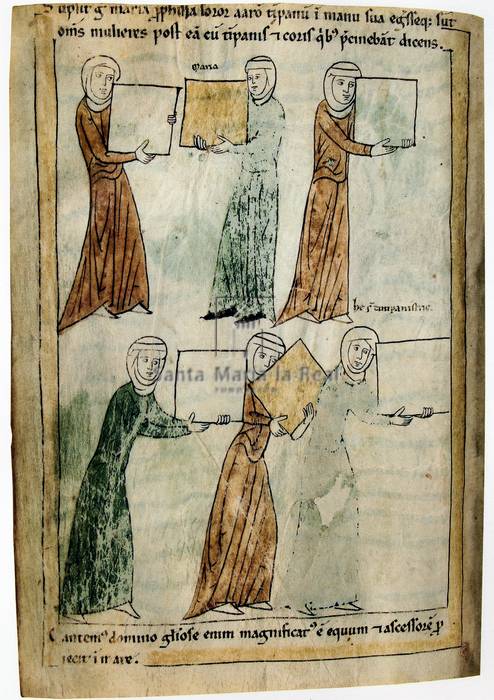 Segunda Biblia de Pamplona. María, hermana de Aarón, y otras mujeres festejan el paso del Mar Rojo (fol. 58v)
