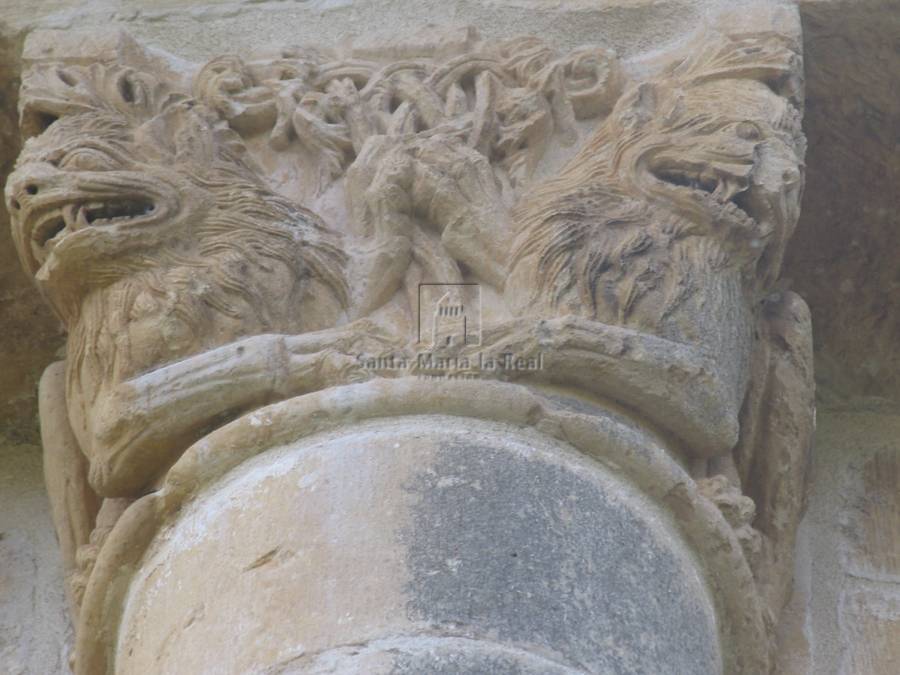 Capitel de la columna absidal  derecha.Dos leones enfrentados y dándose las garras