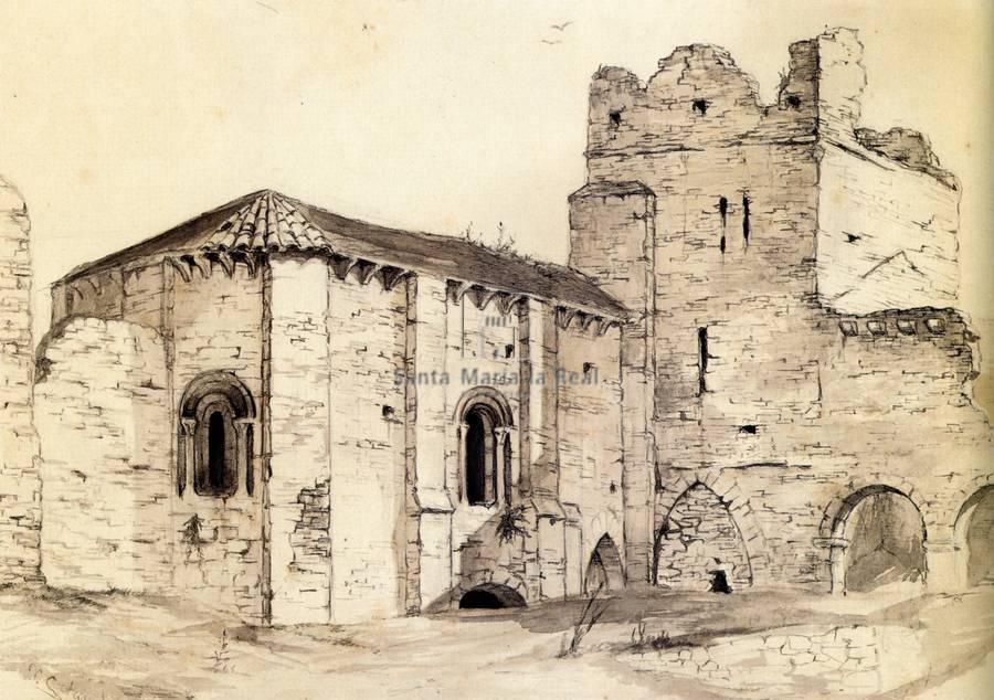 La iglesia de San  Miguel adosada a la antigua fortaleza.Dibujo de Cutanda realizado en 1871 (Archivo de la Institución Príncipe de Viana,Fondo Comisión de Monumentos)