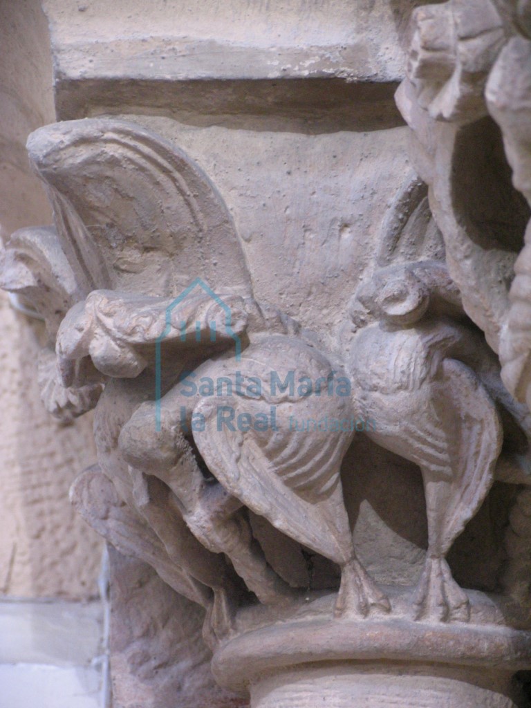Capitel del arco triunfal. Lado del evangelio. Aves entre follaje