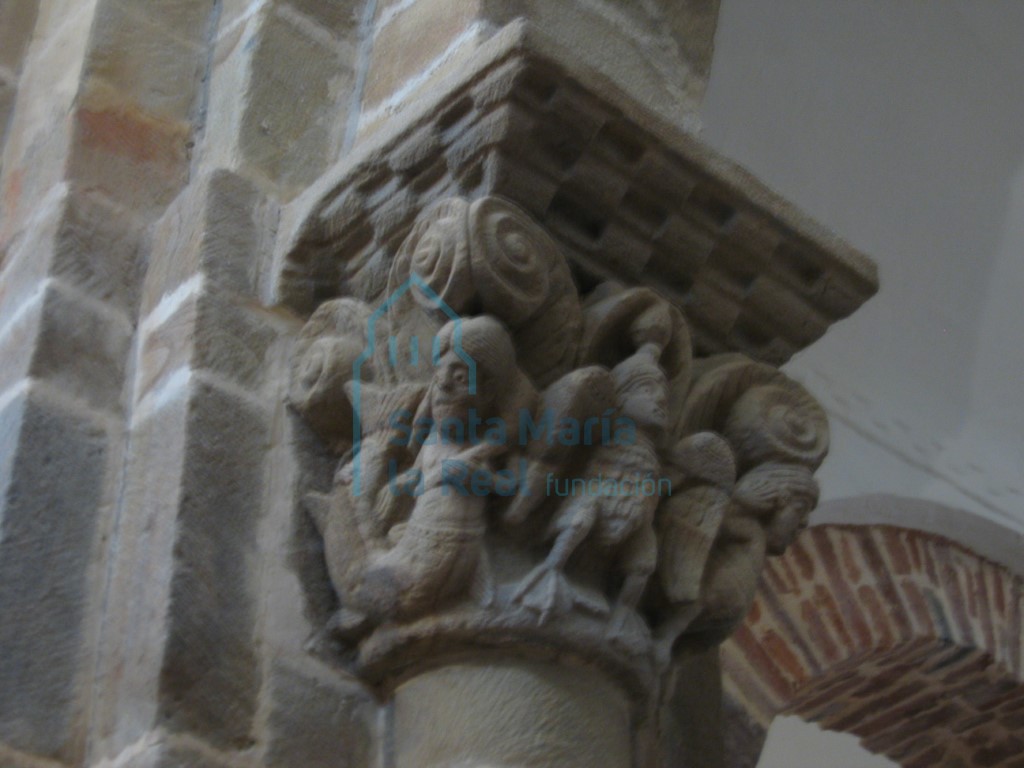 Capitel de la arquería de la nave central del lado sur. Sirenas