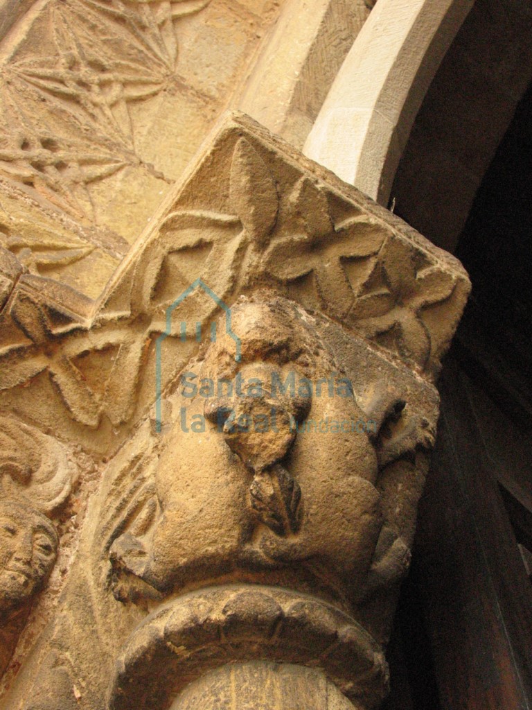 Capitel del lado izquierdo de la portada occidental. Pareja de felinos con una cabeza común que devoran por los pies una pequeña figurilla humana