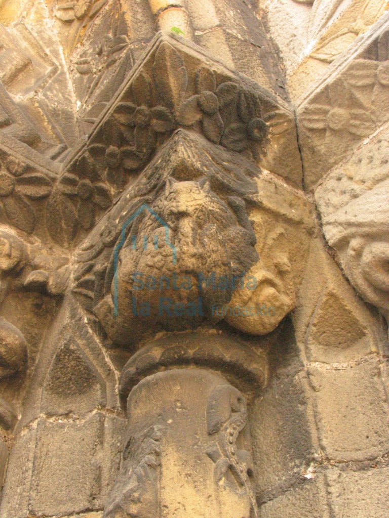 Capitel del lado derecho de la portada occidental. Pareja de felinos con una cabeza común que devoran un águila