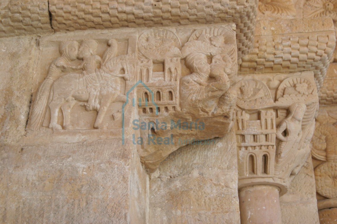 Portada meridional principal. Relieve y capitel.Despedida del caballero y la dama