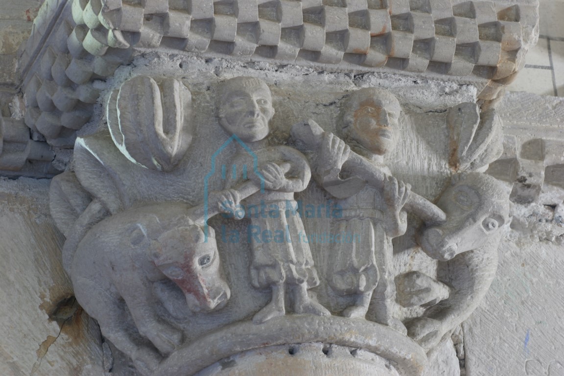 Capitel de la arquería absidal. Dos hombres que sujetan a dos animales de tiro con sendas varas