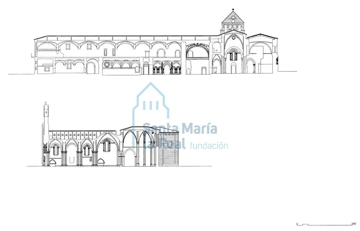 Sección sur-norte (iglesia-sala capitular) y sección longitudional de la iglesia