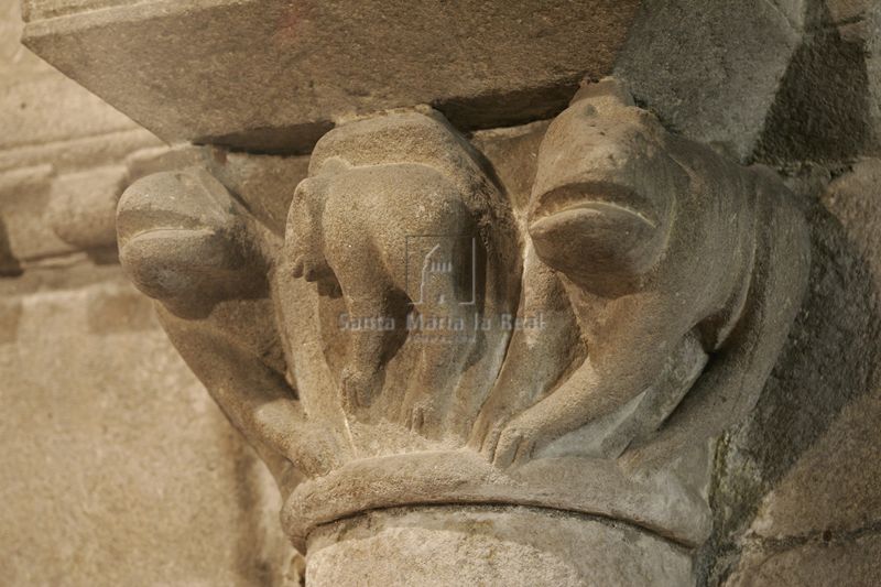 Capitel del arco triunfal de animal de perfil rodeado de dos figuras monstruosas