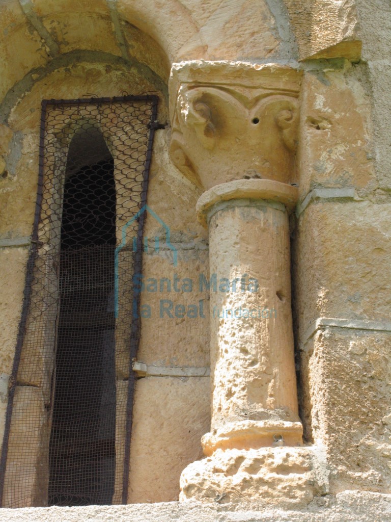 Pequeña columna coronada por capitel con decoración vegetal