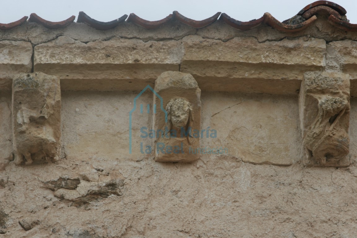 Canecillos con un busto femenino y representación de animales, en el muro meridional