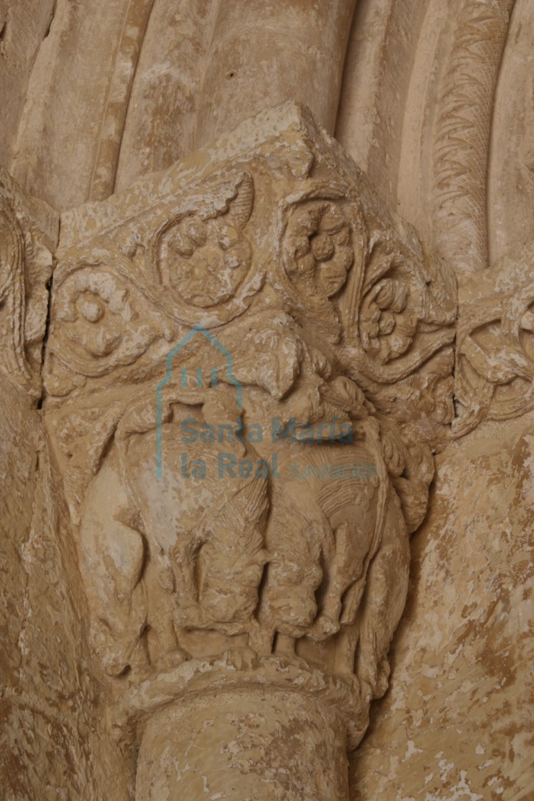 Capitel izquierdo que representan dos leones afrontados, en la portada meridional