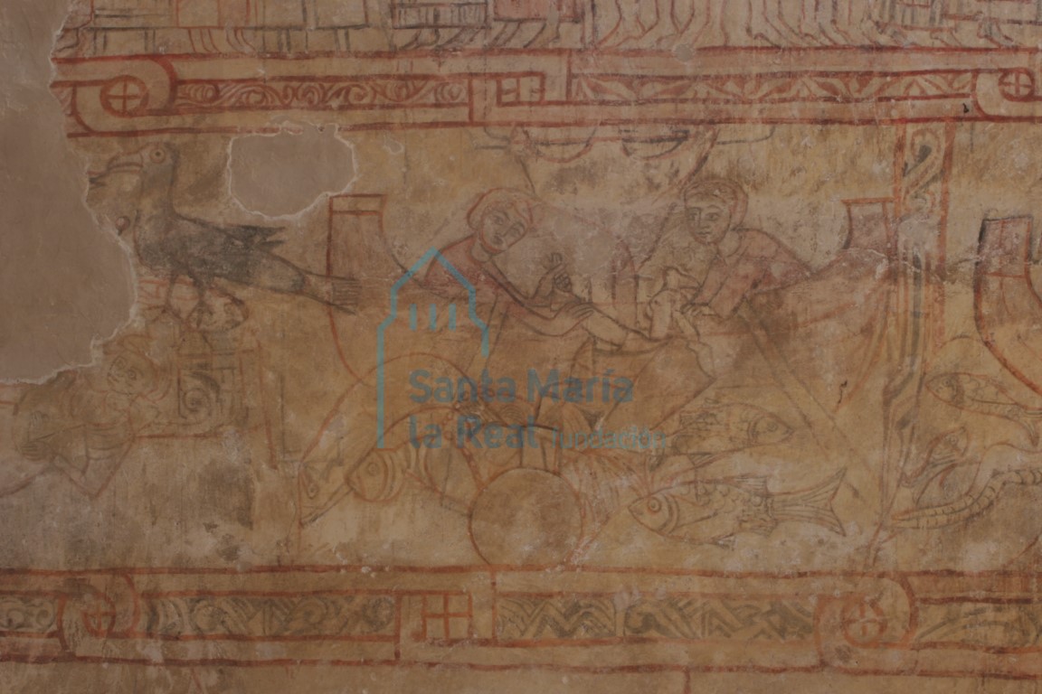 Detalle del segundo nivel de la pintura mural, que narra la vida de San Vicente Detalle del segundo nivel de la pintura mural, que narra la vida de San Vicente