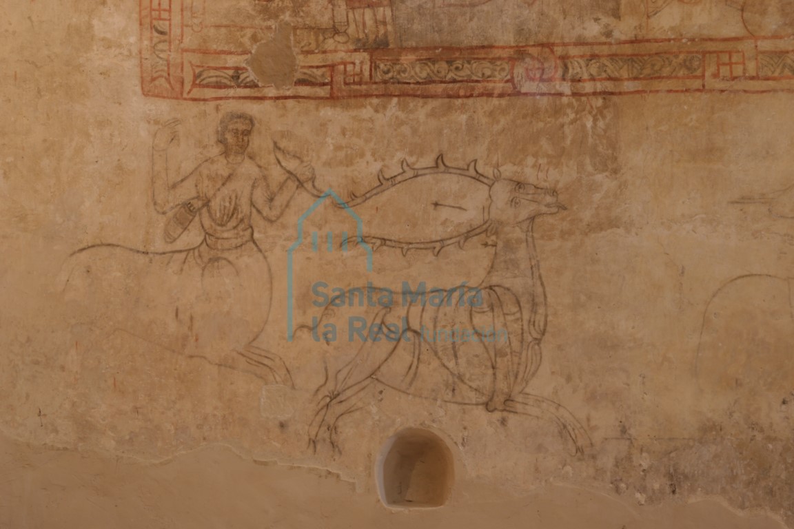 Detalle de una escena de pintura mural, que muestra un centauro-sagitario persiguiendo a un ciervo