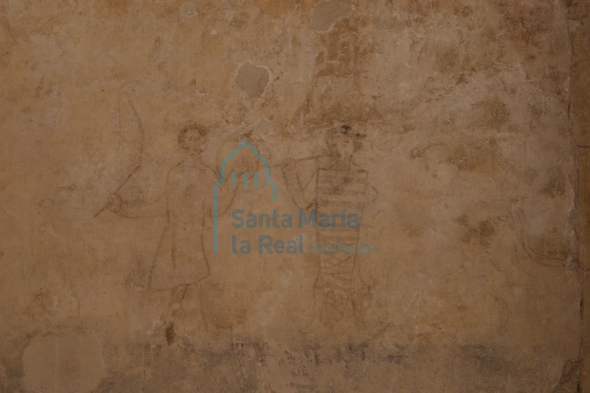 Detalle de una escena de pintura mural, que muestra la lucha entre dos peones Detalle de una escena de pintura mural, que muestra la lucha entre dos peones