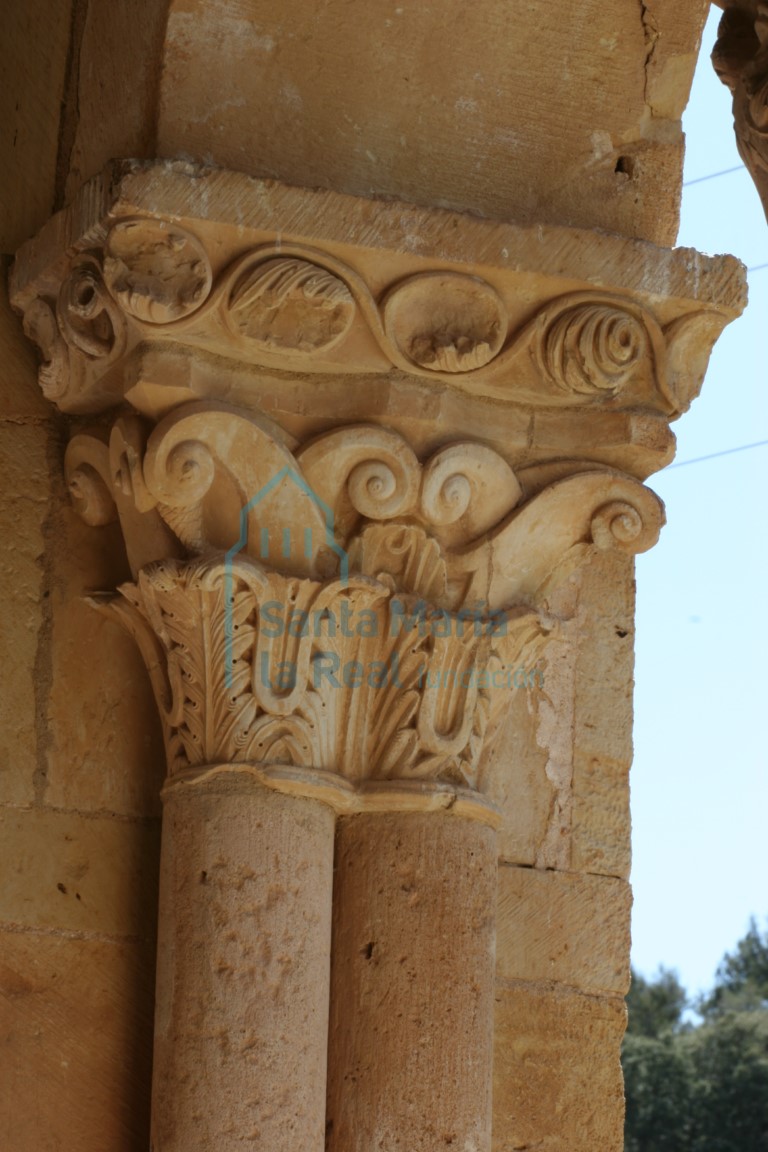 Capitel vegetal dispuesto en dos filas, en el pórtico