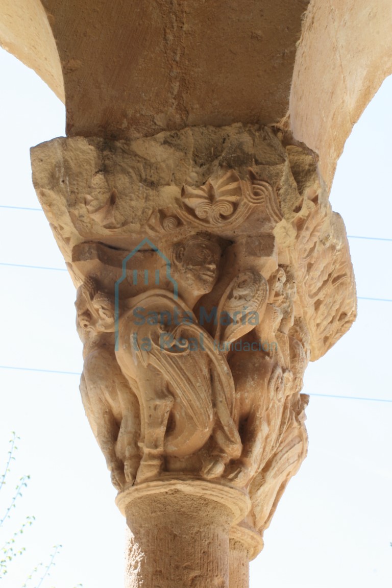 Capitel representa seis arpías rodeadas de una cinta y el cimaciose decora con palmetas, en el pórtico