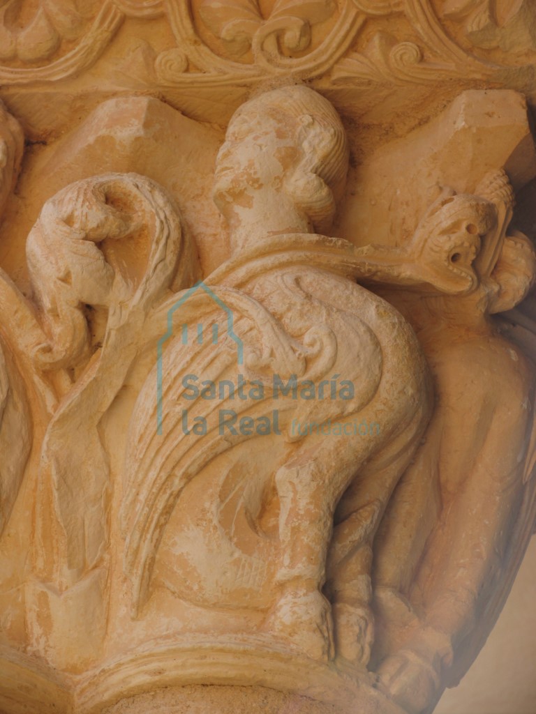 Detalle de una arpía de uno de los capiteles del pórtico