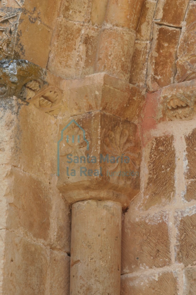 Capitel izquierdo de la portada norte con decoración de flores enmarcardas en un círculo