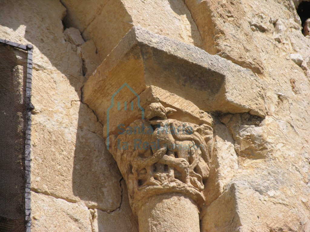 Capitel derecho vegetal con dos aves, en la ventana meridional del ábside