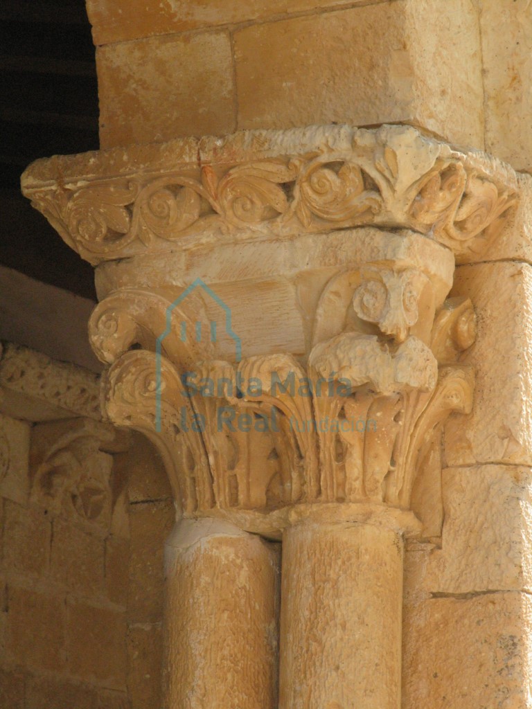 Capitel vegetal con hojas de acanto rematadas por volutas, del lado meridional del pórtico