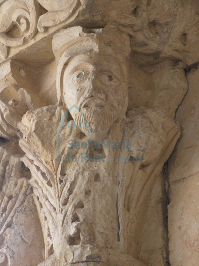 Detalle de una cabeza del capitel vegetal con hojas de acanto, del lado occidental del pórtico
