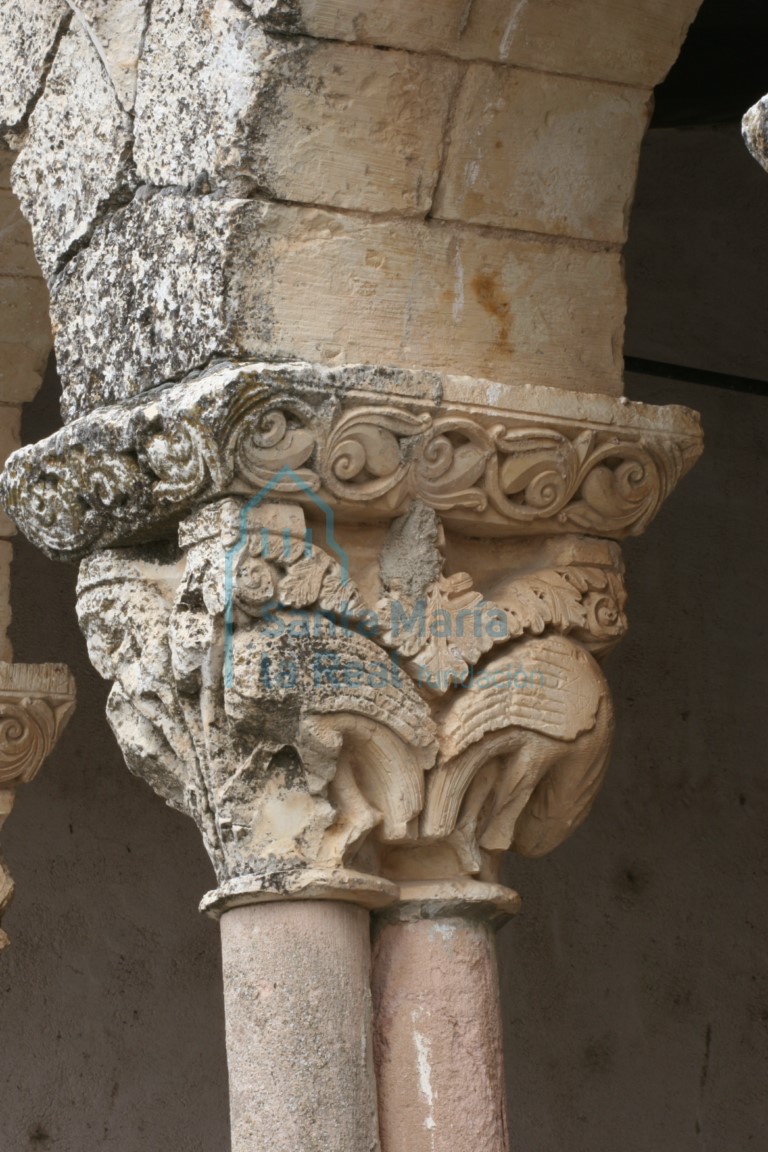 Capitel con dos parejas de aves dentro de una espesa maraña, del lado occidental del pórtico