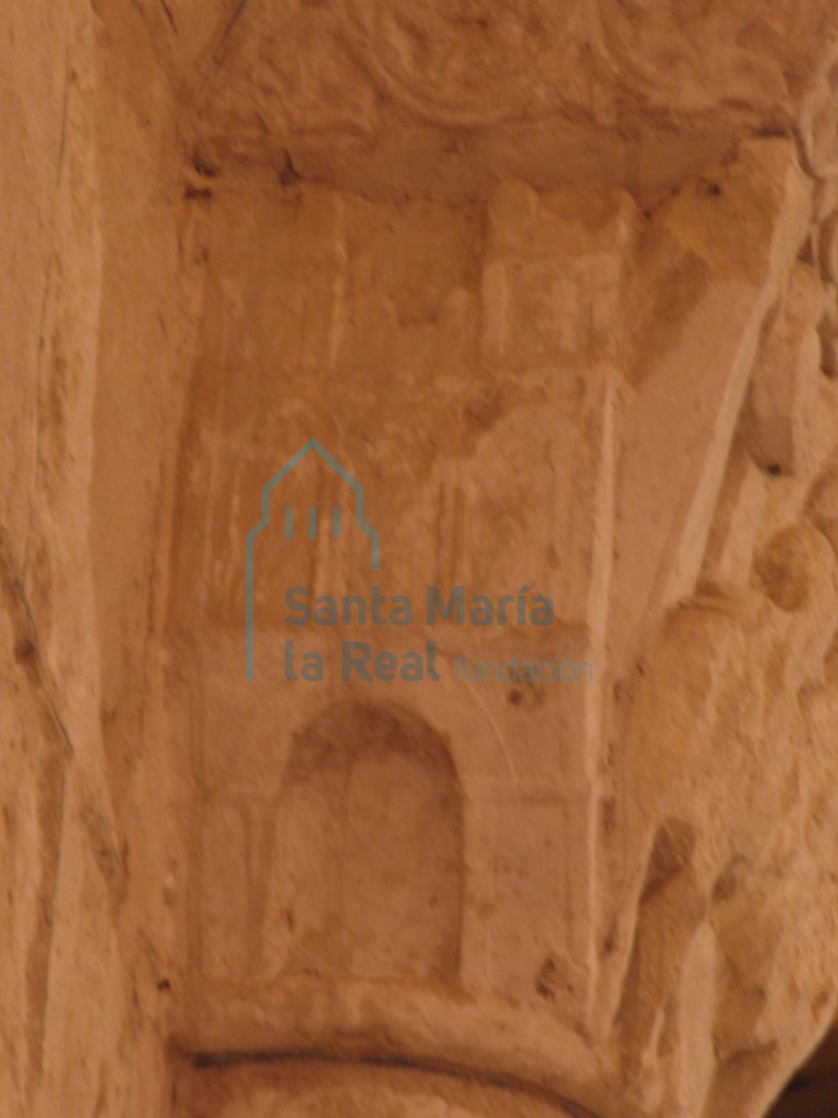 Detalle del capitel del arco triunfal. Huida a Egipto