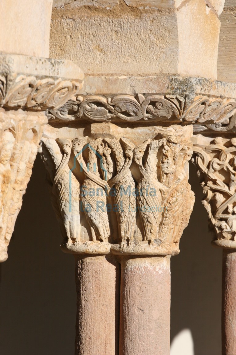 Pórtico. Capitel con seis parejas de aves