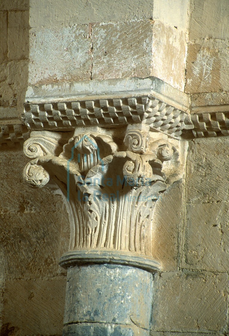 Capitel del muro norte, cesta vegetal de collarino sogueado ornada con grandes hojas de acanto en abanico con voluminosos caulículos en las puntas