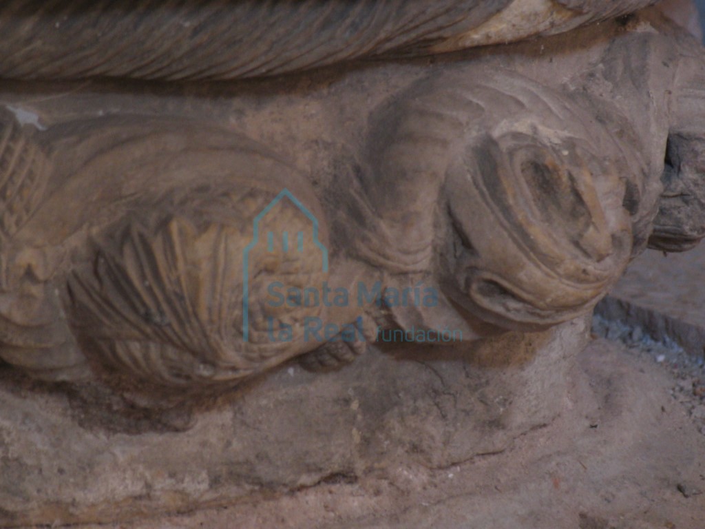 Detalle de parte baja de  pila bautismal,decoración vegetal