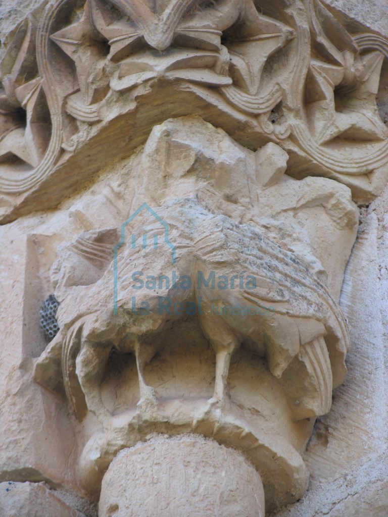 Capitel que representa una pareja de aves, en la ventana del ábside Capitel que representa una pareja de aves, en la ventana del ábside