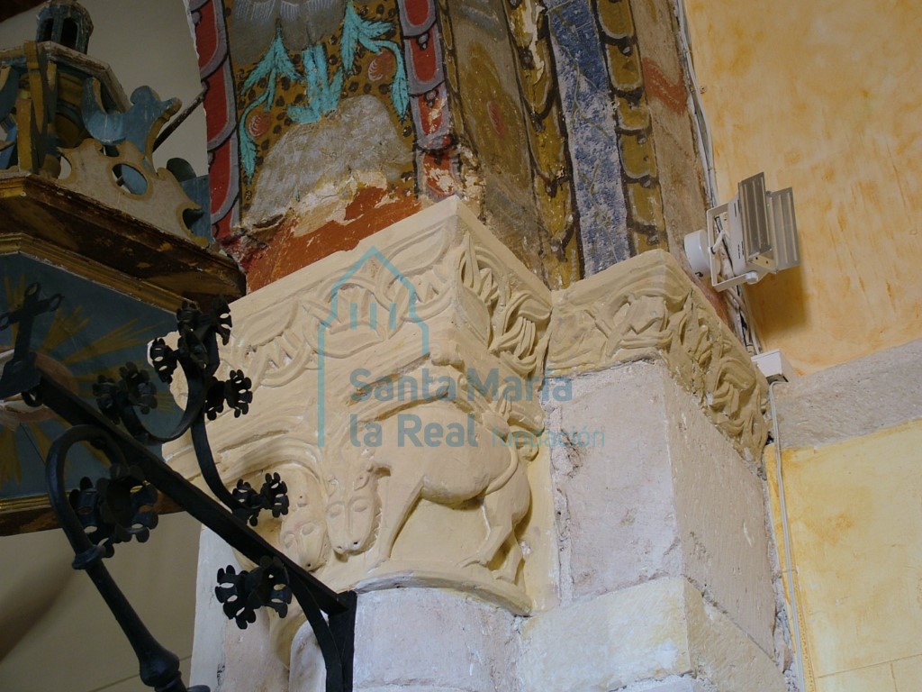 Vista del capitel del lado del evangelio. Una pareja de felinos