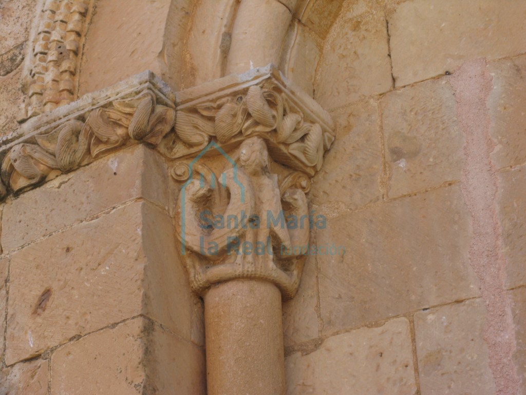 Capitel izquierdo de la ventana absidal más meridional. Pareja de aves afrontadas