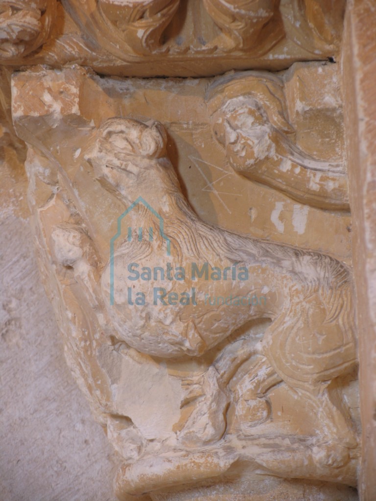 Detalle del grifo y la cabeza que observa la escena en el capitel interior derecho