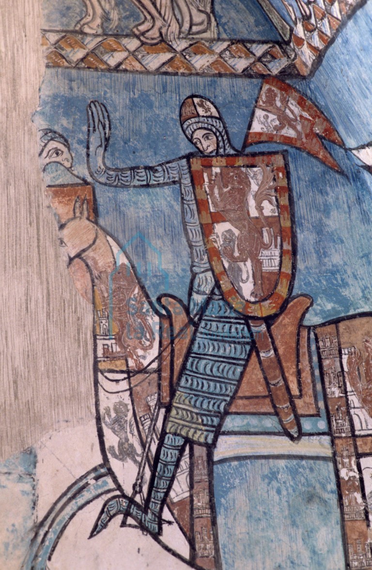 Detalle de las pinturas murales góticas en el intradós del arco de uno de los arcosolios de la Capilla del Tesoro también llamada Capilla de San Pedro. Caballero