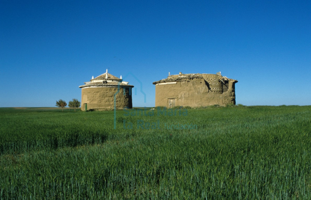 Vista general de dos palomares junto a la carretera de Villalón de Campos-Palencia