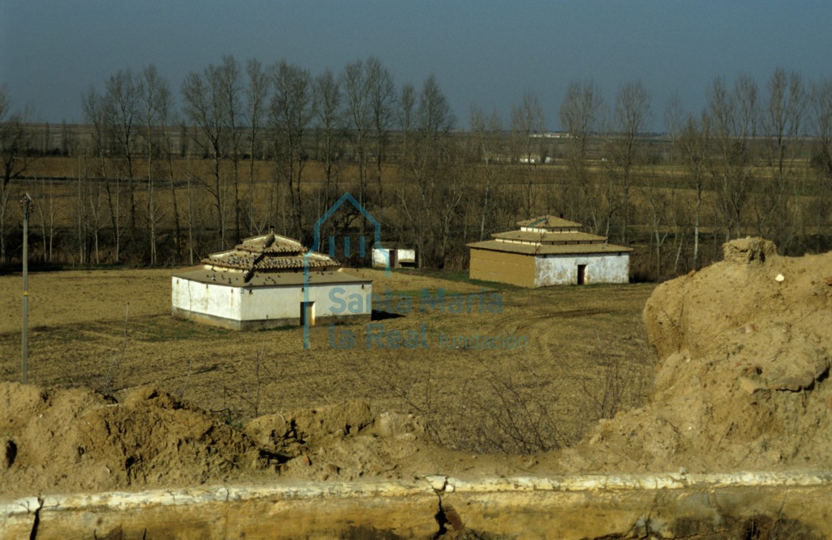 Vista general de dos palomares en la ribera del río Cea