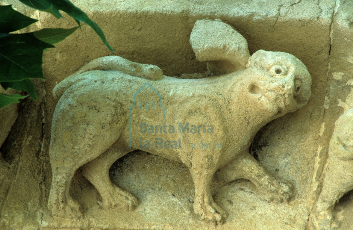 León en la arquivolata exterior de la portada