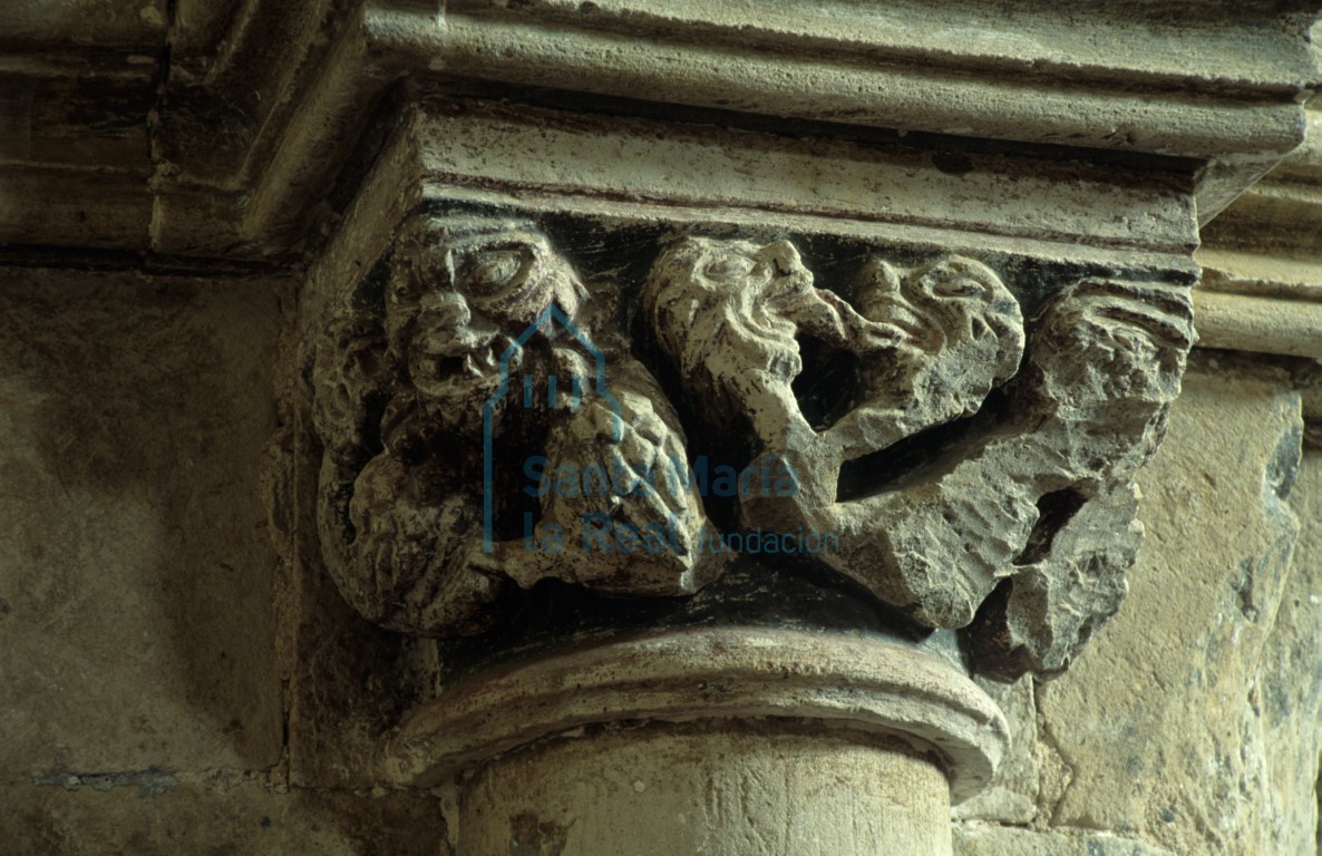 Detalle de un capitel. Dragones afrontados que entrelazan sus cuellos y cabeza monstruosa de la que nacen dos animales plumíferos.