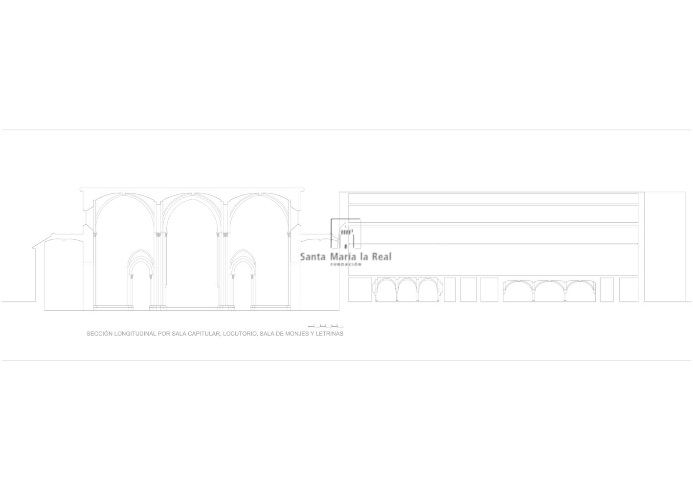 Sección longitudinal por la sala capitular, locutorio, sala de monjes y letrinas