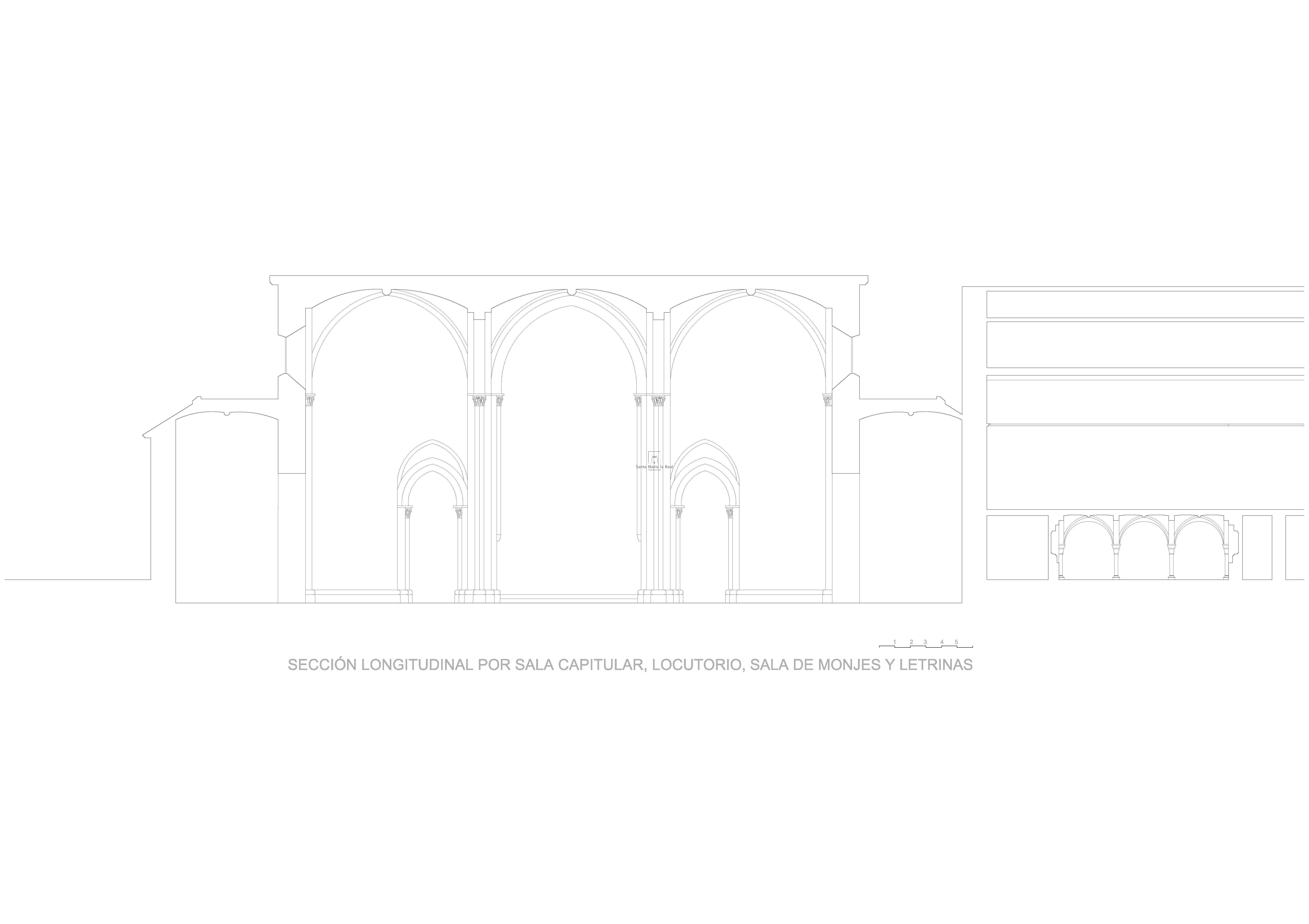 Sección longitudinal por la sala capitular, locutorio, sala de monjes y letrinas